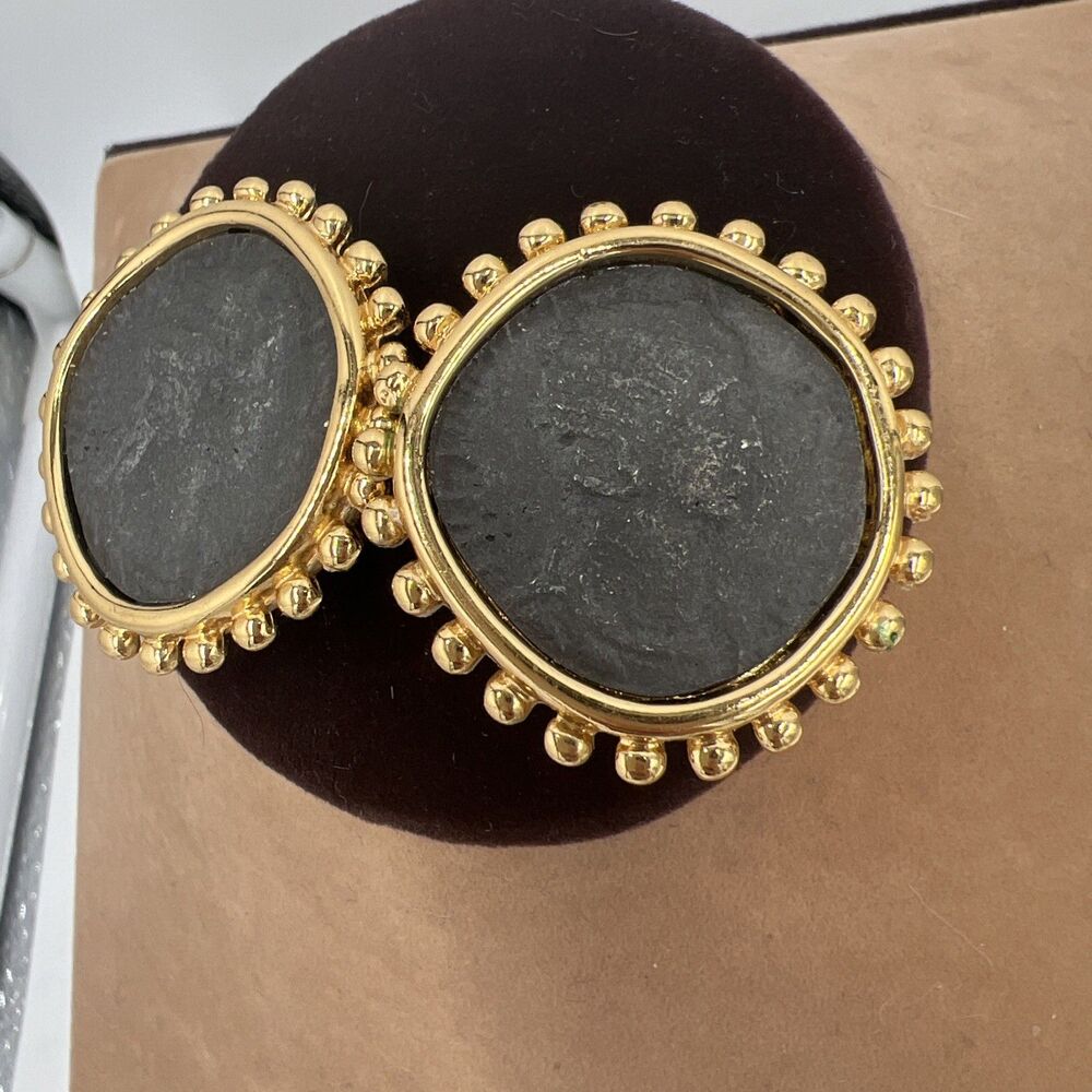 Vintage Carolee Gold Tone Roman coin earrings pewter-look ancient profile ClipOn